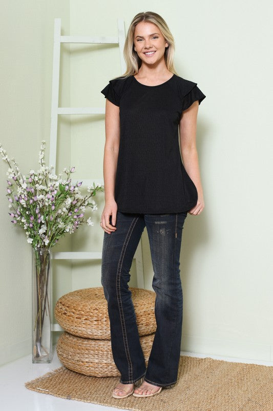 Solid Textured Knit Short Sleeve Tiered Top
