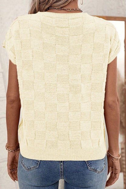 Pocketed Checkered Round Neck Knit Top