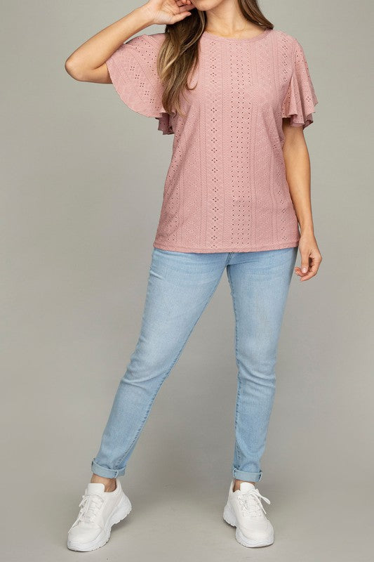 Embroidered eyelet top with wing sleeve