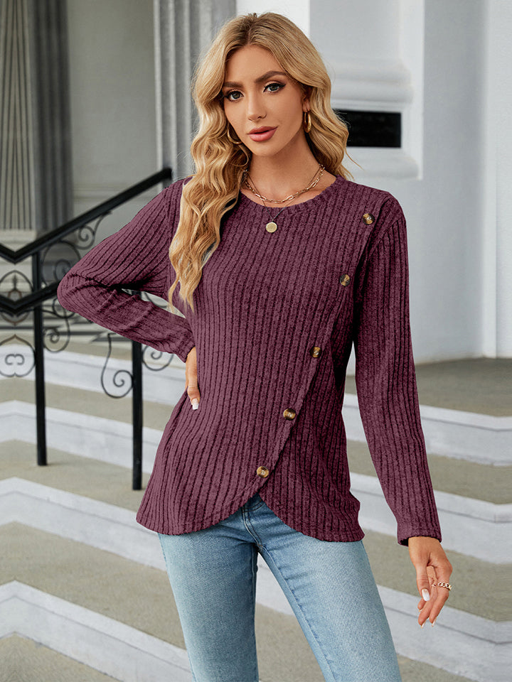 Round Neck Ribbed Button Detail Blouse