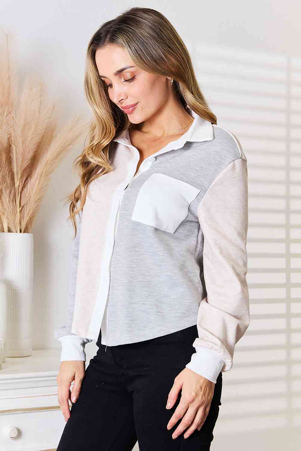 Double Take Color Block Curved Hem Shirt