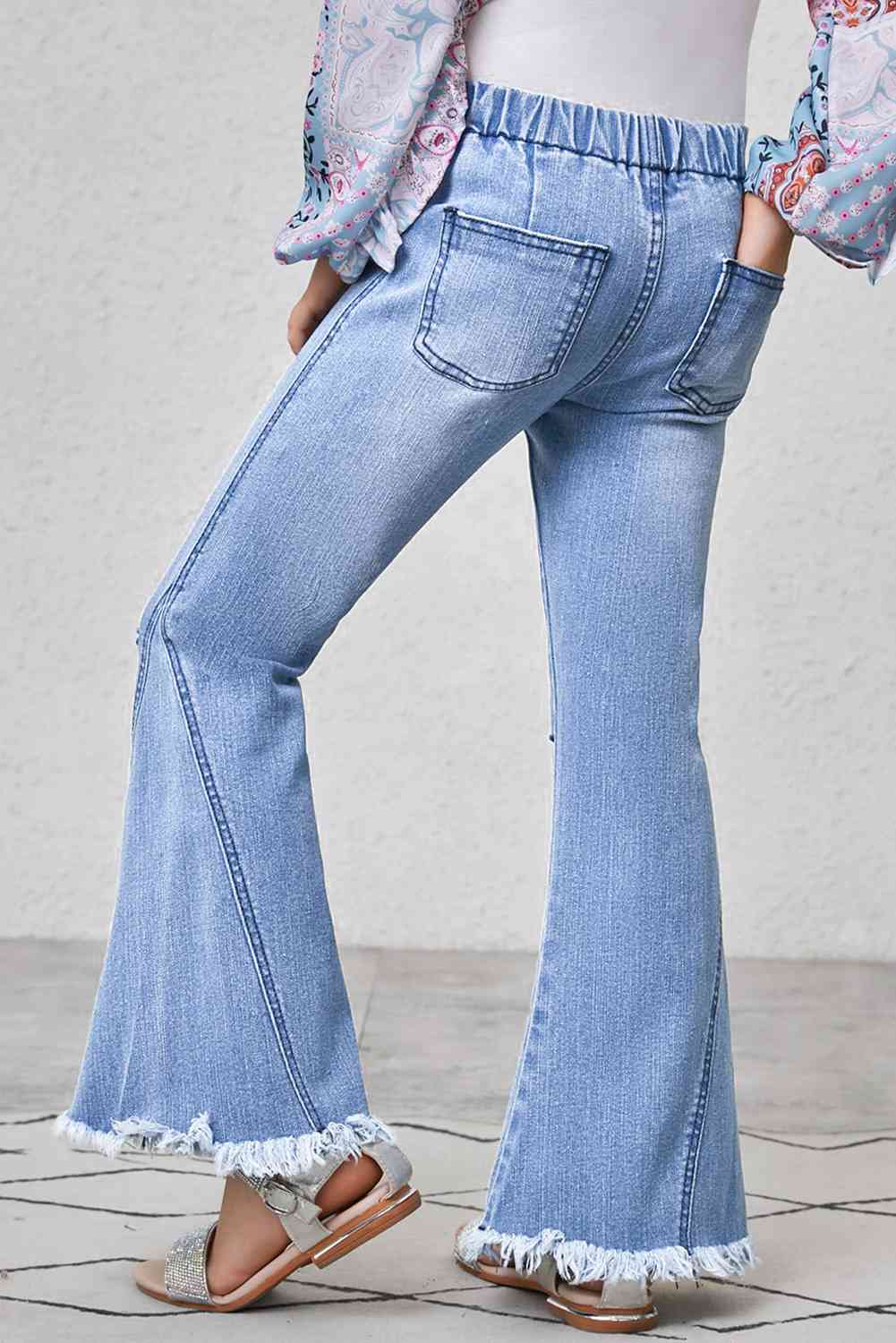 Girls Distressed Frayed Trim Flare Jeans