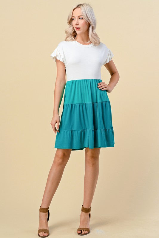COLOR BLOCK ROUND NECK RAYON LYCRA DRESS WITH RUFFLE SLEEVES