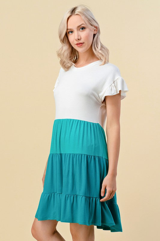 COLOR BLOCK ROUND NECK RAYON LYCRA DRESS WITH RUFFLE SLEEVES