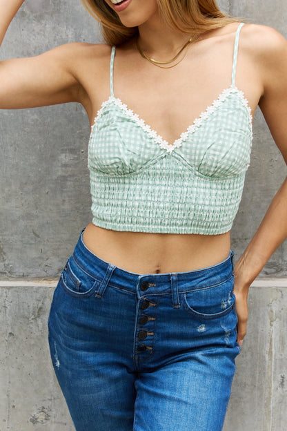 Leto Gingham Daisy Trim Smocked Bustier in Sage