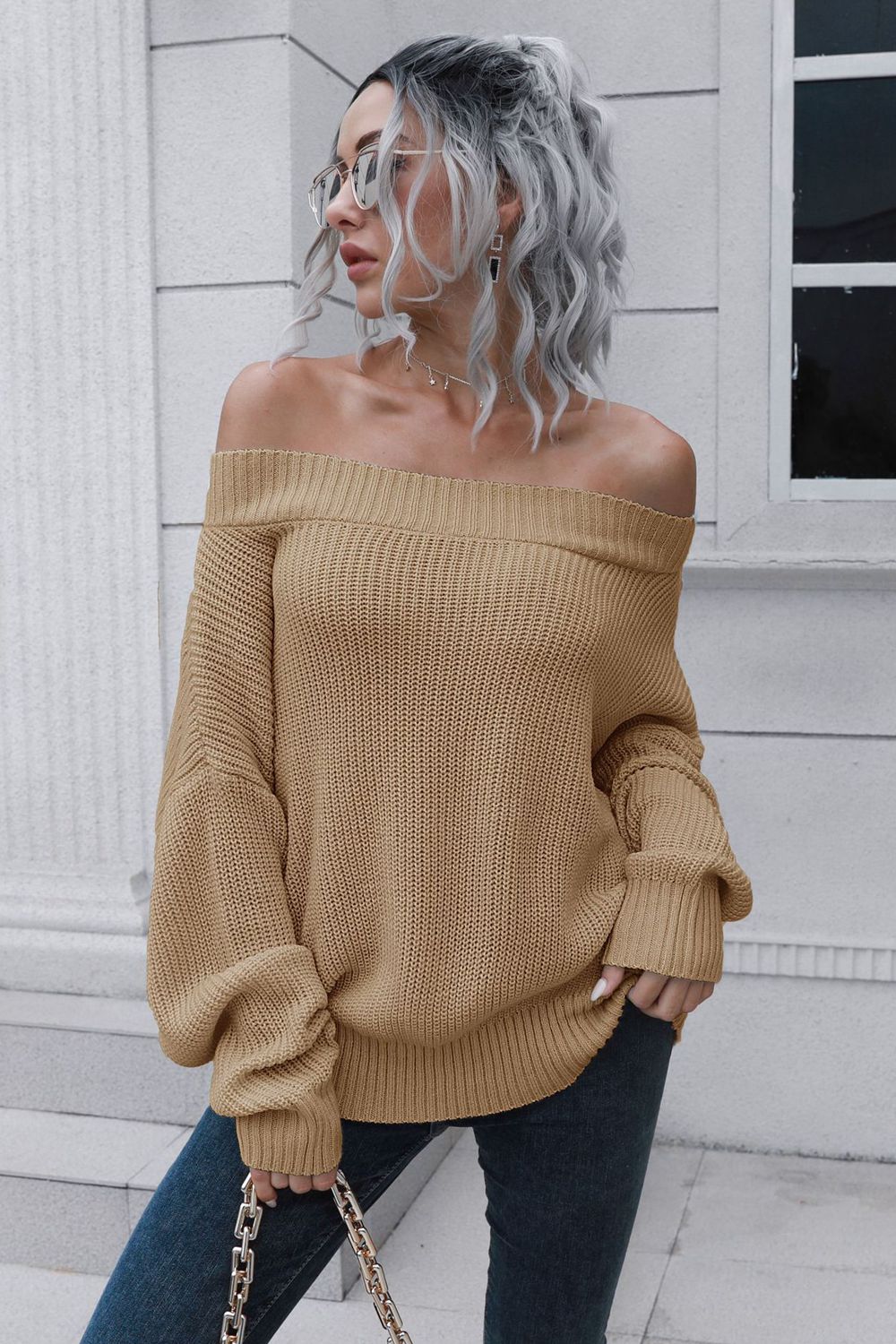 Off-Shoulder Ribbed Long Sleeve Pullover Sweater