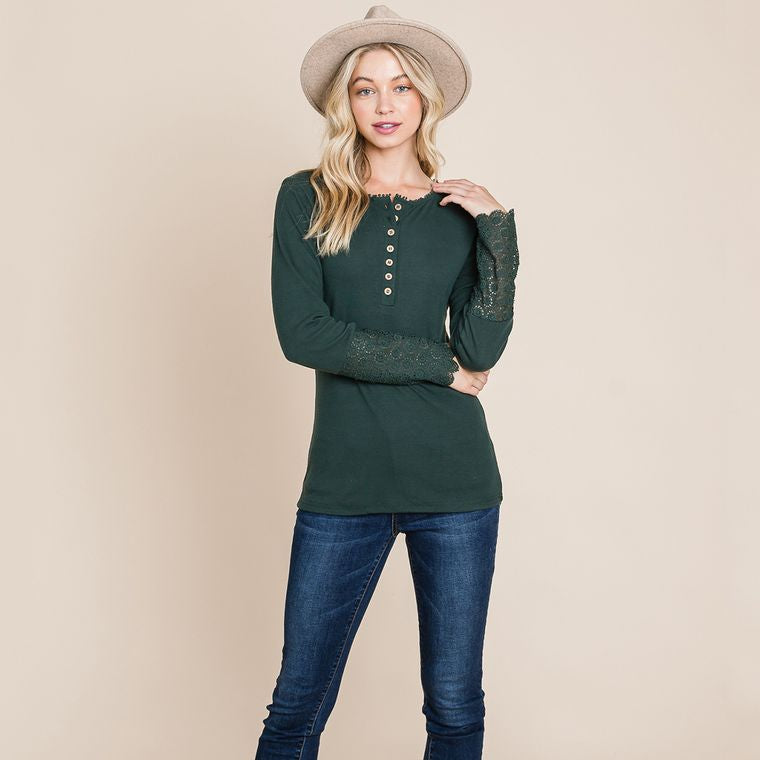 Scalloped Neck Button Placket Lace Crochet Sleeve top sweaters