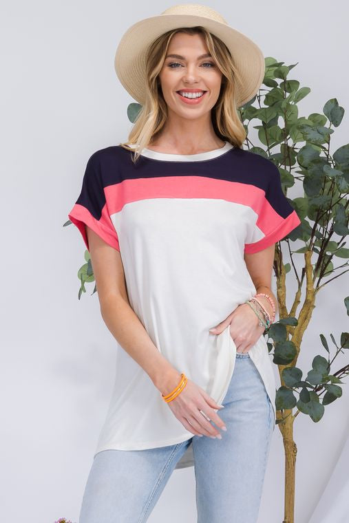 SOLID ROUND NECK COLOR BLOCK SHORT SLEEVE