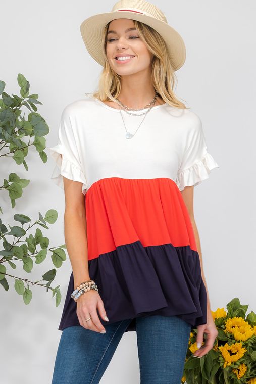 TIERED COLOR BLOCK WITH RUFFLE SHORT SLEEVE