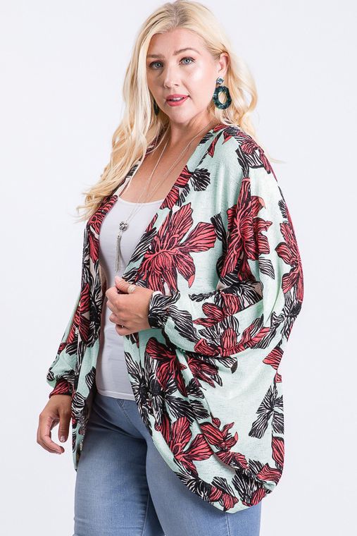 PLUS SIZE RAYON FLORAL PRINT LONG SLEEVE OPEN CARDIGAN