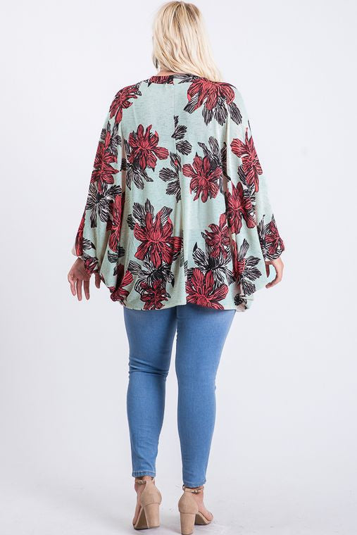 PLUS SIZE RAYON FLORAL PRINT LONG SLEEVE OPEN CARDIGAN