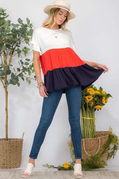 TIERED COLOR BLOCK WITH RUFFLE SHORT SLEEVE