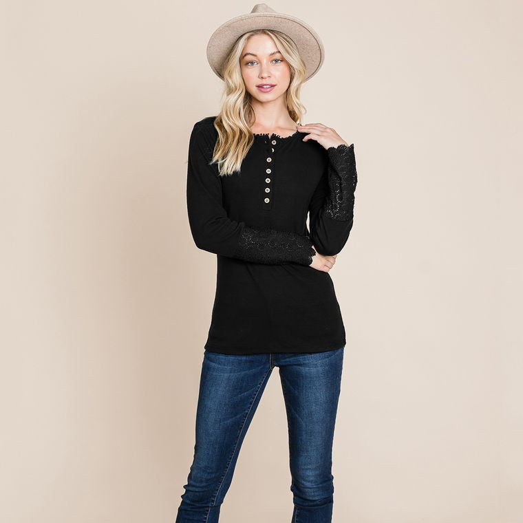 Scalloped Neck Button Placket Lace Crochet Sleeve top sweaters